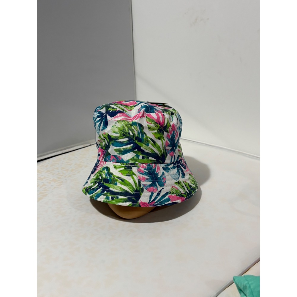 Juncture Womens Tropical Palm Leaf Print Bucket Hat Green Pink Summer Sun Hat